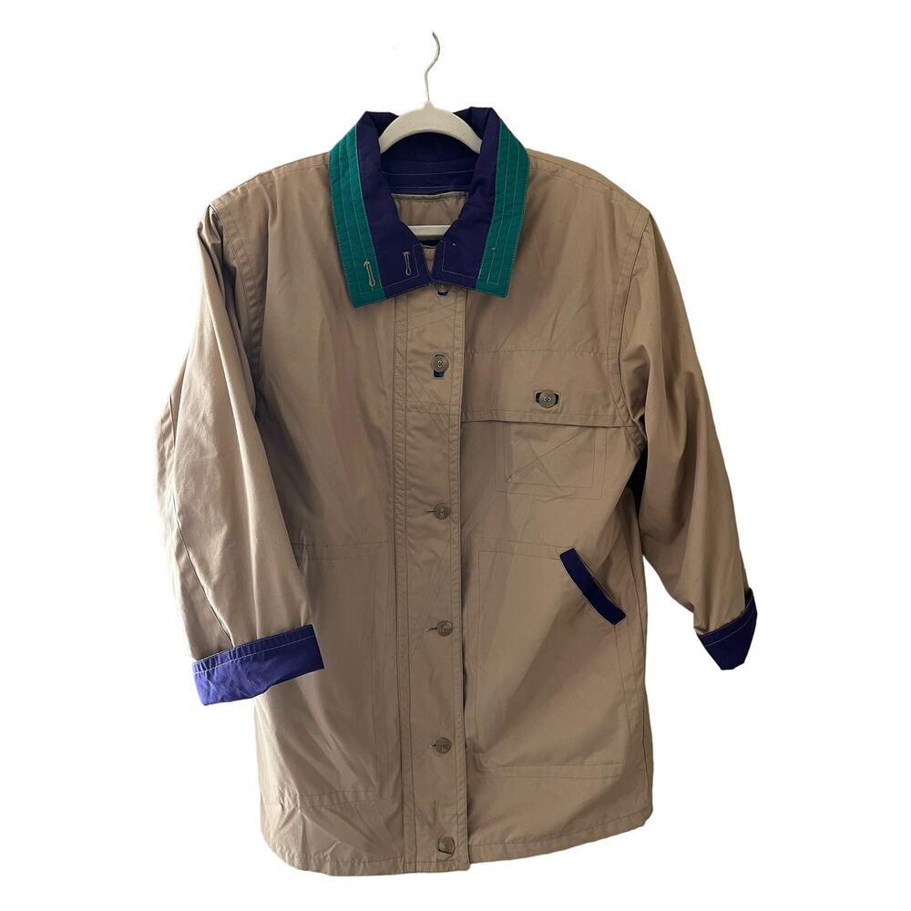 London Fog | M 90's Vintage Color Block Coat Tan Canvas w/ Purple & Green